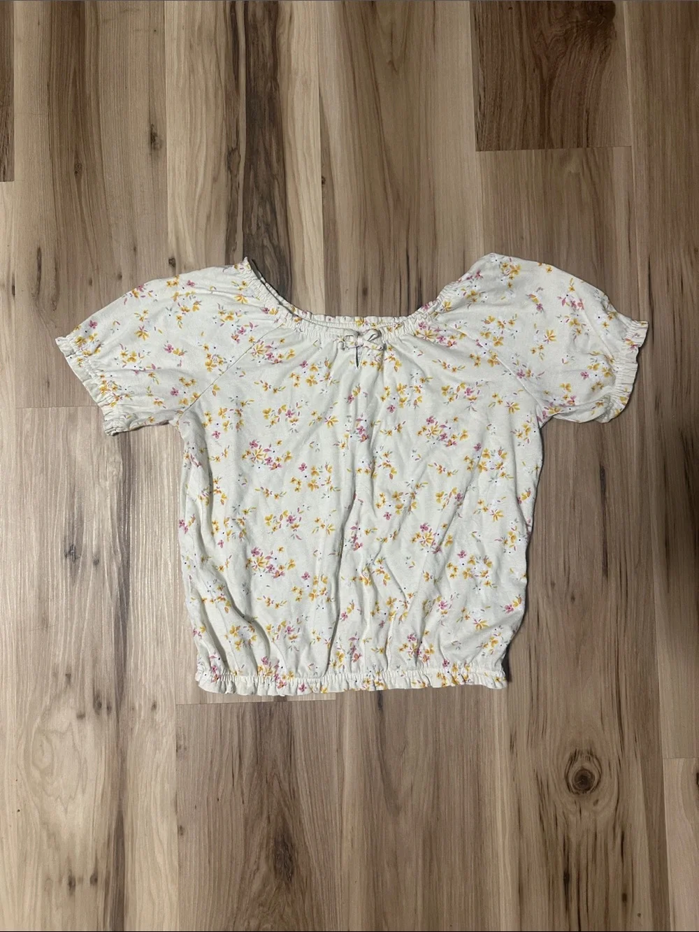 OshKosh B'gosh Cream Floral Elastic Hem Puff Sleeve Crop Top
